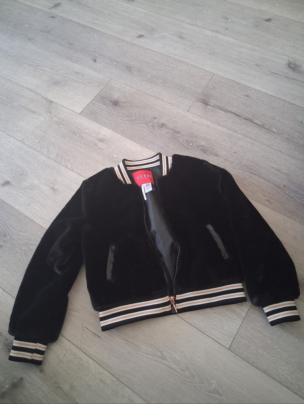 Guess Kids Black Faux Fur Bomber Jacket with Striped Trim
